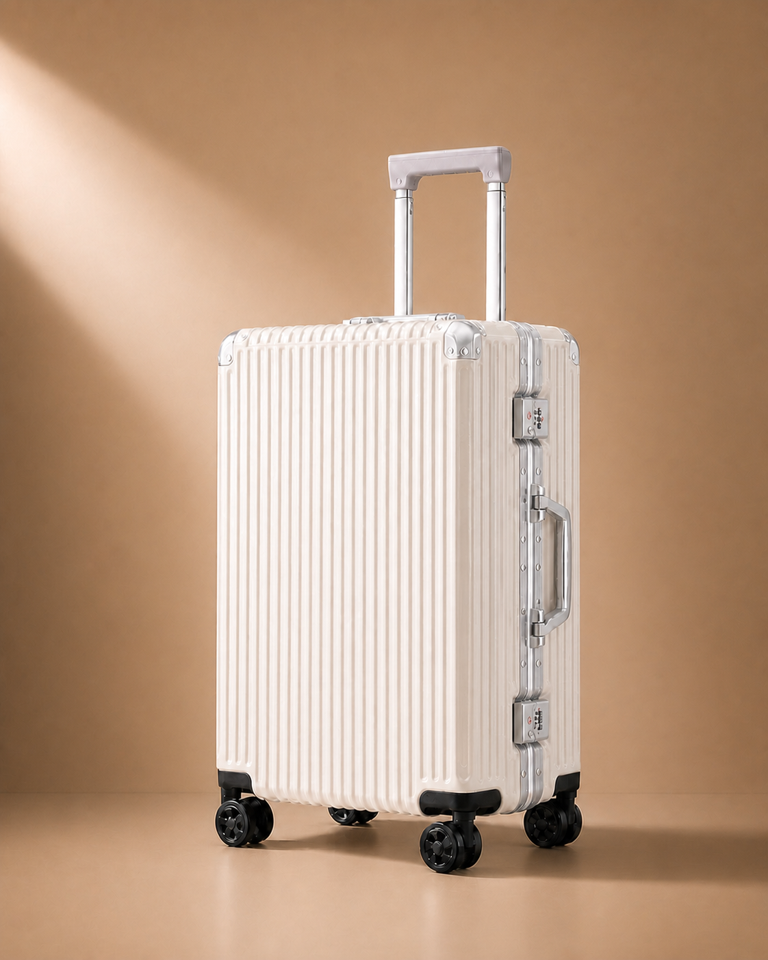 White ribbed cabin suitcase with side locks on a warm studio background