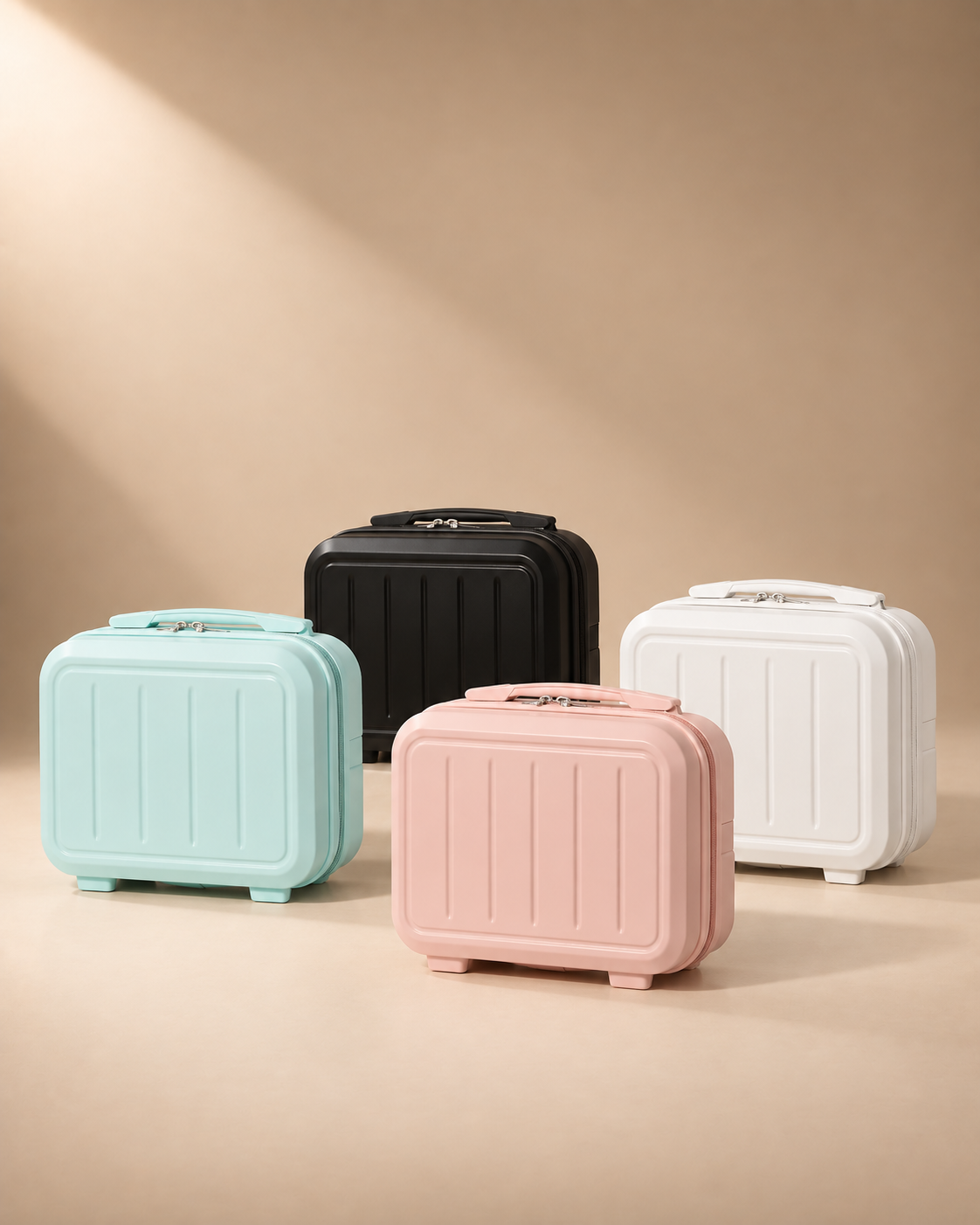 Mawgan 14 inch hard shell travel makeup case colour options in light blue, black, white and pink on beige studio background