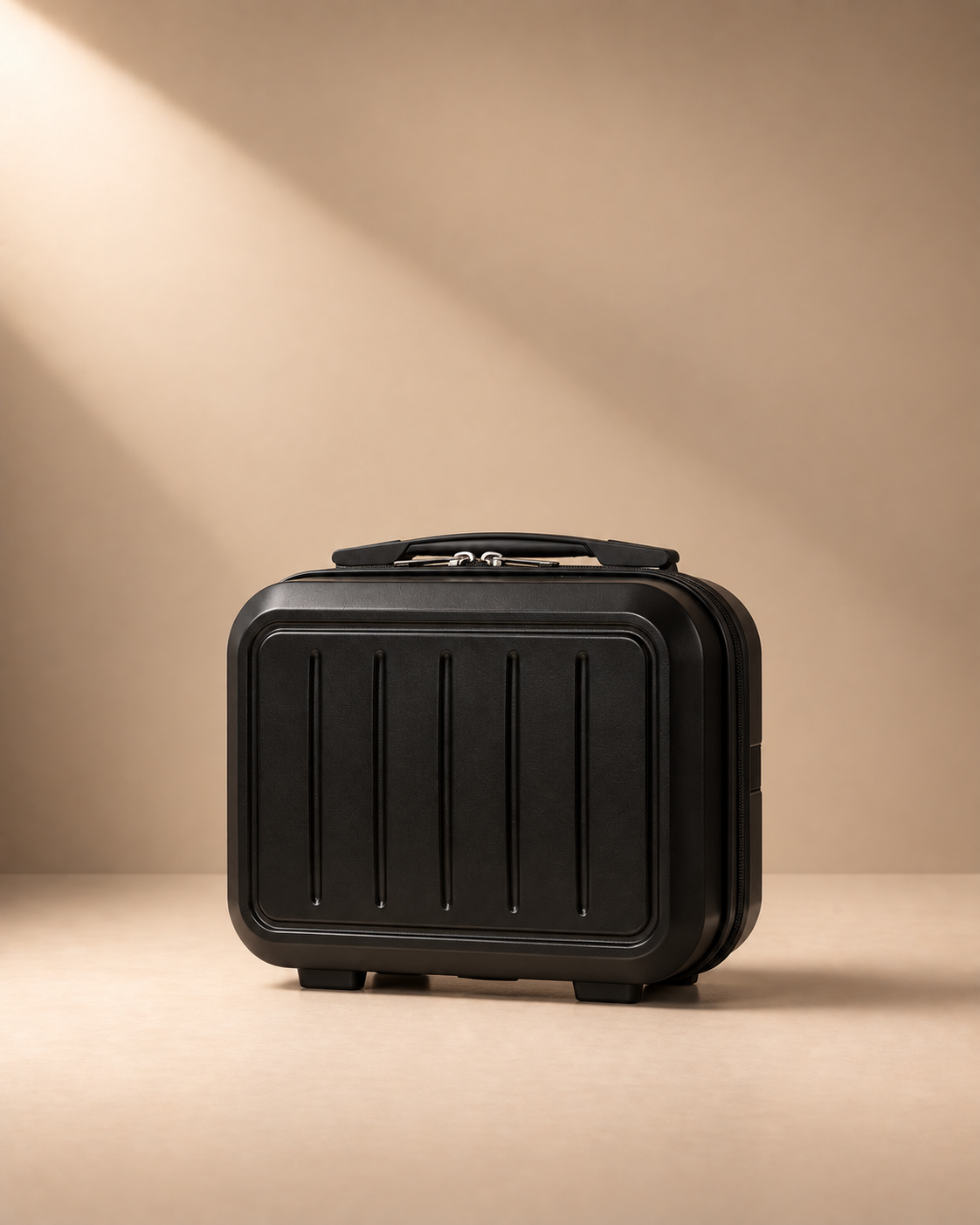 Black Mawgan 14 inch hard shell travel makeup case front view with ribbed shell, zip closure and top handle