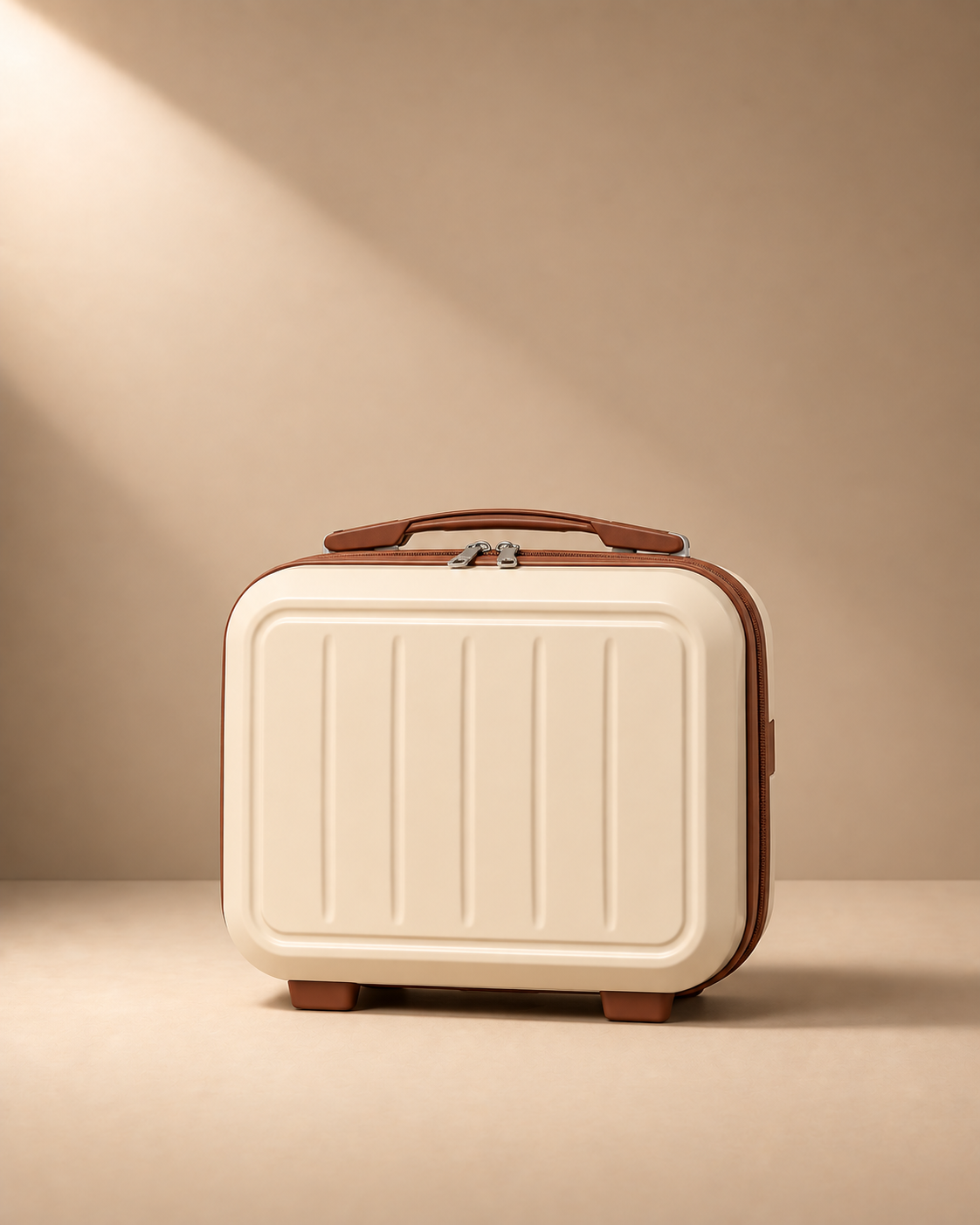 Cream beige and brown Mawgan 14 inch hard shell travel makeup case front view with ribbed shell and top handle