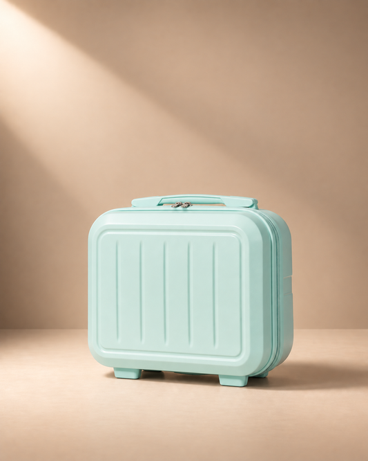 Light blue Mawgan 14 inch hard shell travel makeup case front view with ribbed shell, top handle and zip closure