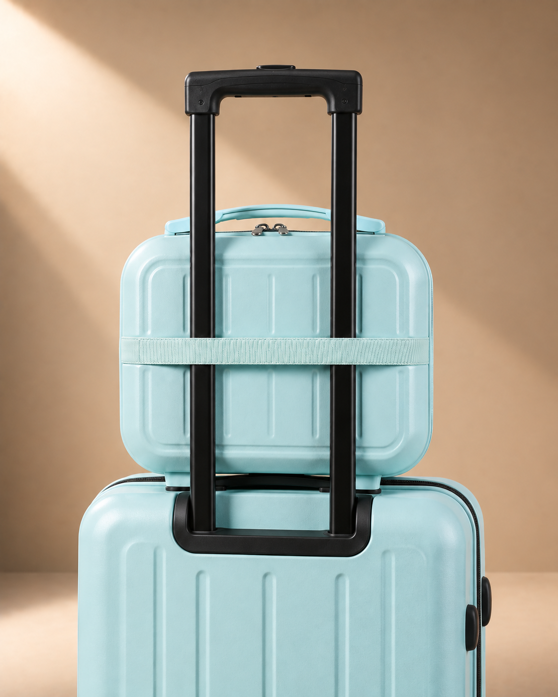 Light blue Mawgan 14 inch makeup travel case secured to suitcase trolley handle with rear travel sleeve
