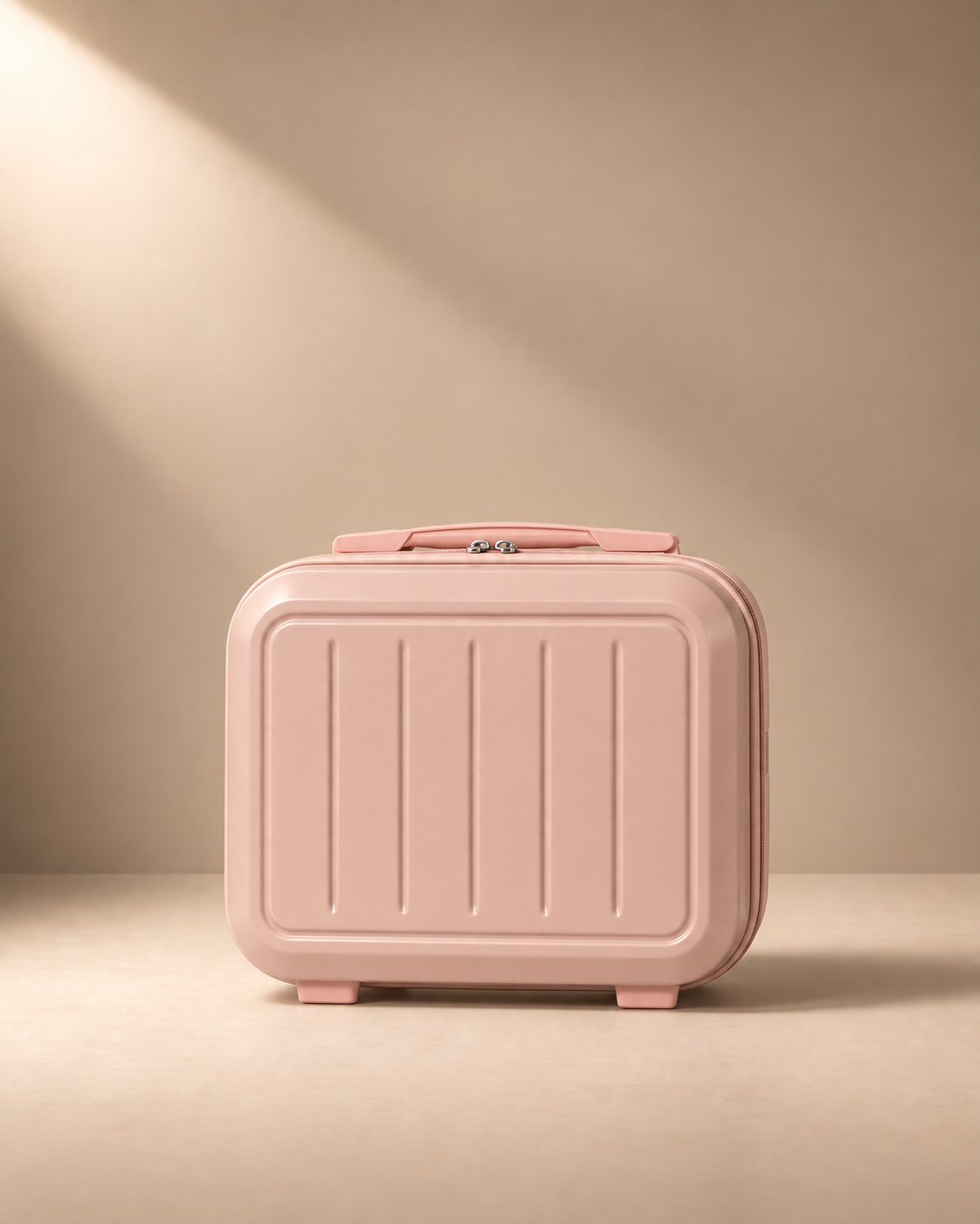 Pink Mawgan 14 inch hard shell travel makeup case front view with ribbed shell, zip closure and top handle