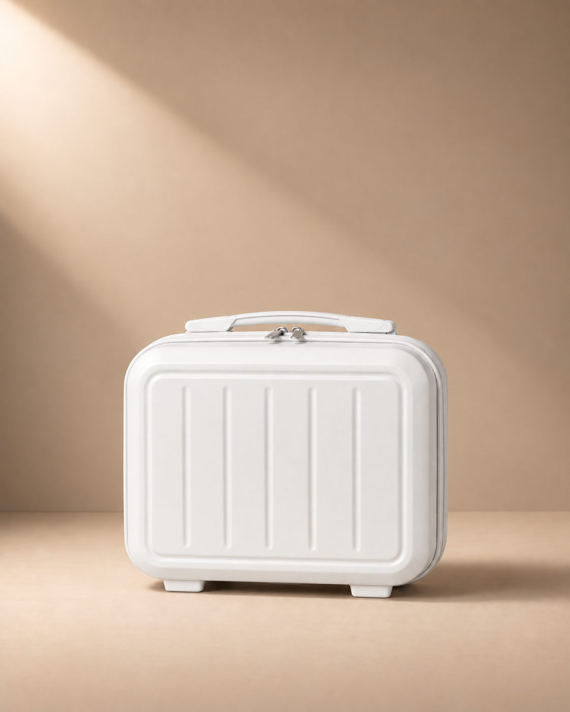 White Mawgan 14 inch hard shell travel makeup case front view with ribbed shell, zip closure and top handle