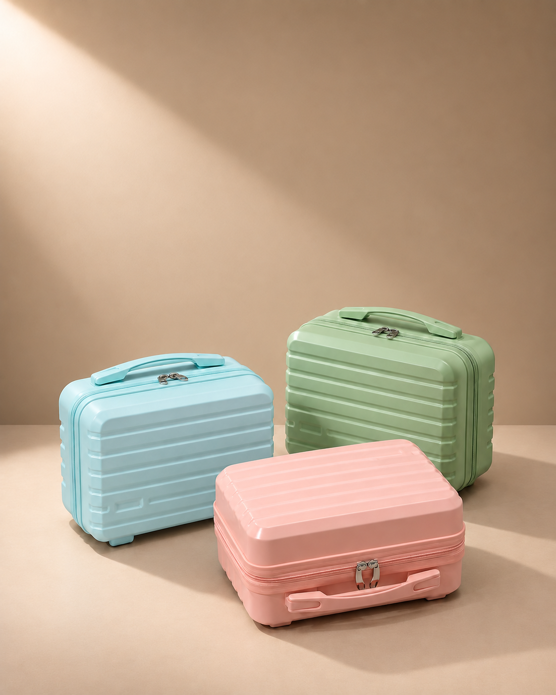 Mini suitcase cosmetic bag colour options in blue, green and pink on realistic beige studio background