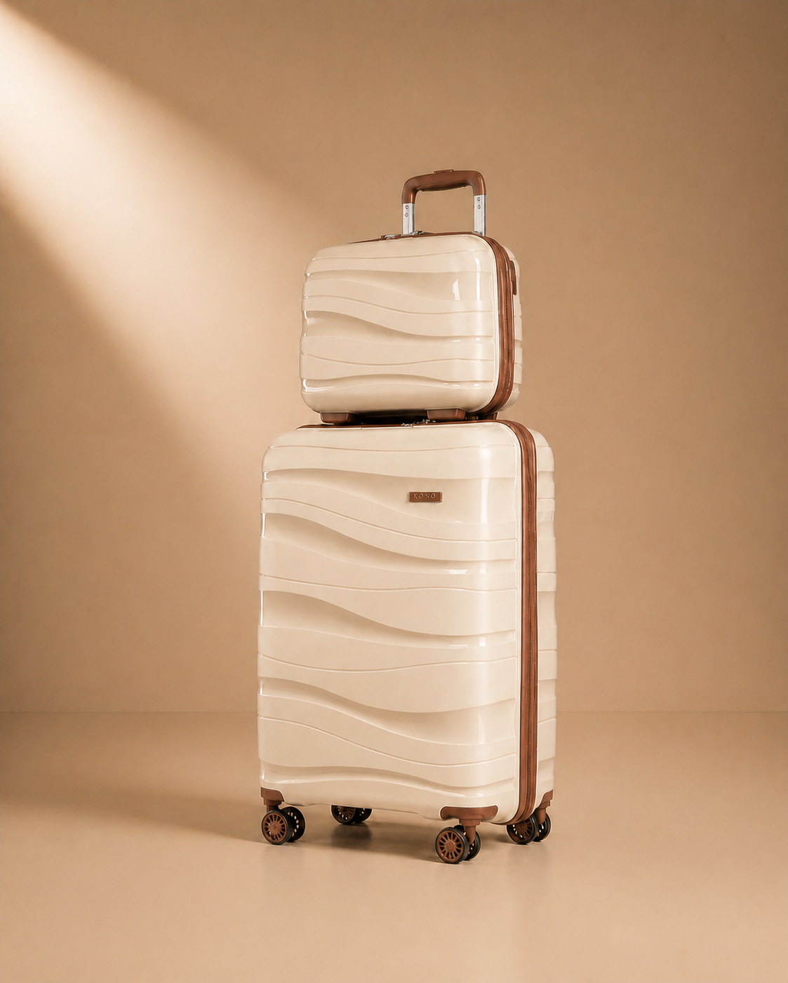 Beige hard shell travel makeup case set on a warm studio background
