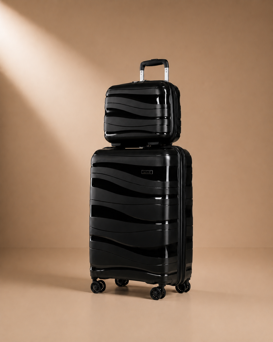 Black hard shell travel makeup case set on a warm studio background