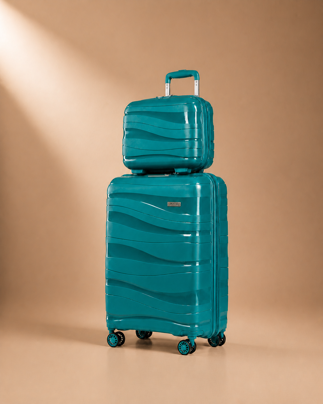 Blue hard shell travel makeup case set on a warm studio background
