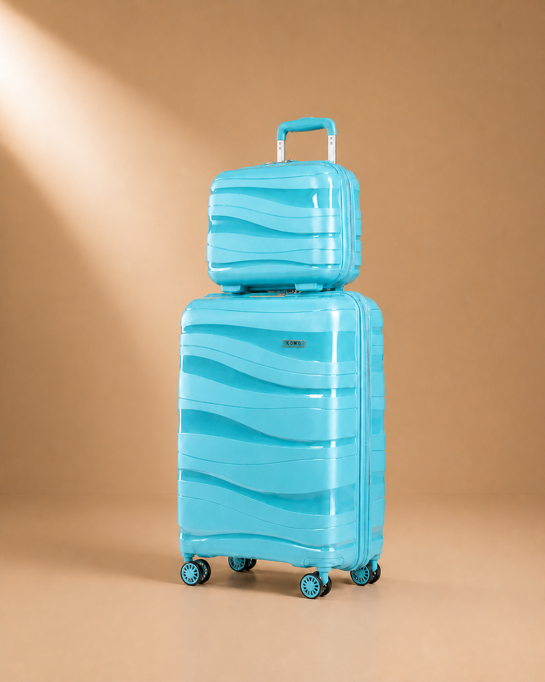 Light blue hard shell travel makeup case set on a warm studio background