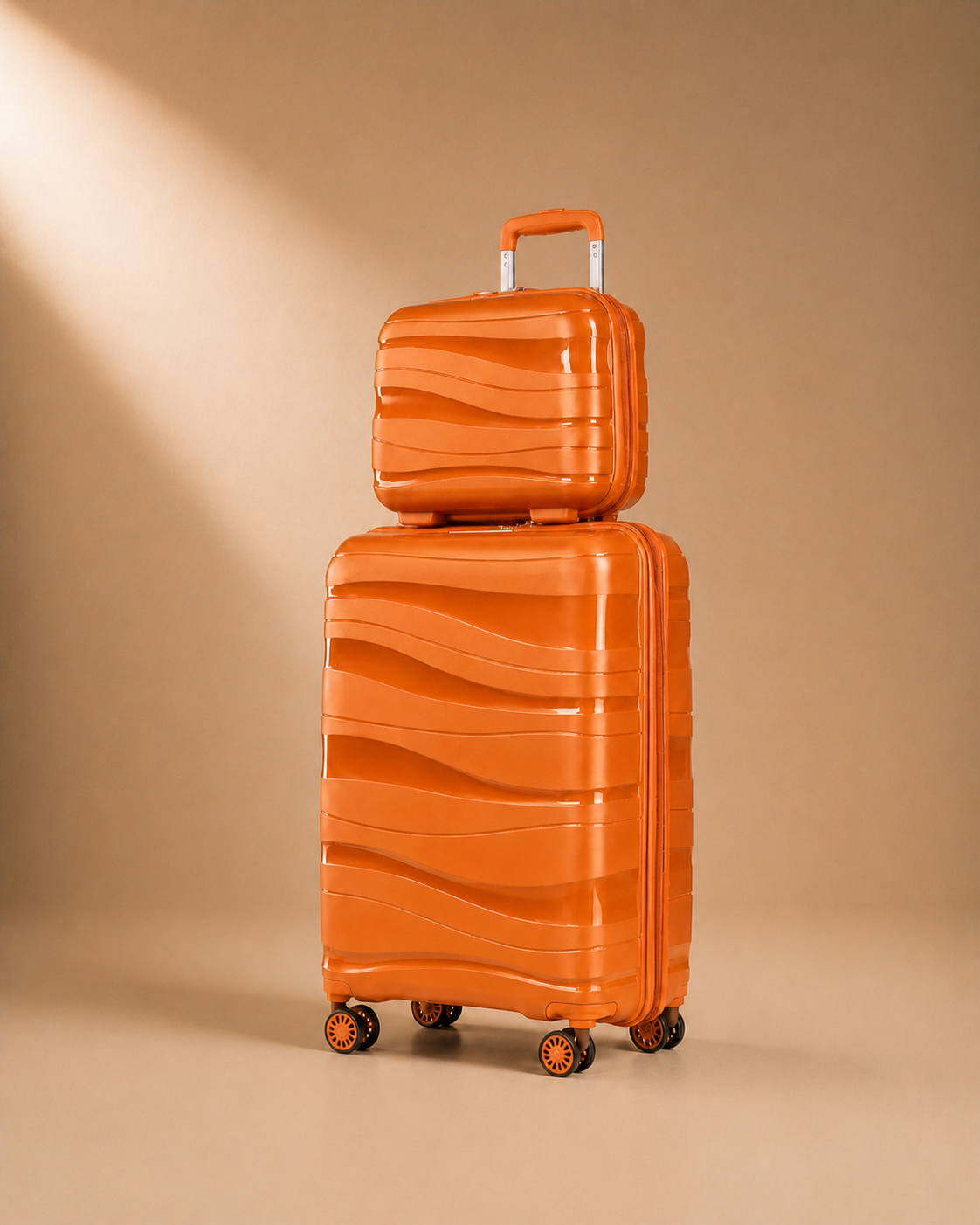 Orange hard shell travel makeup case set on a warm studio background