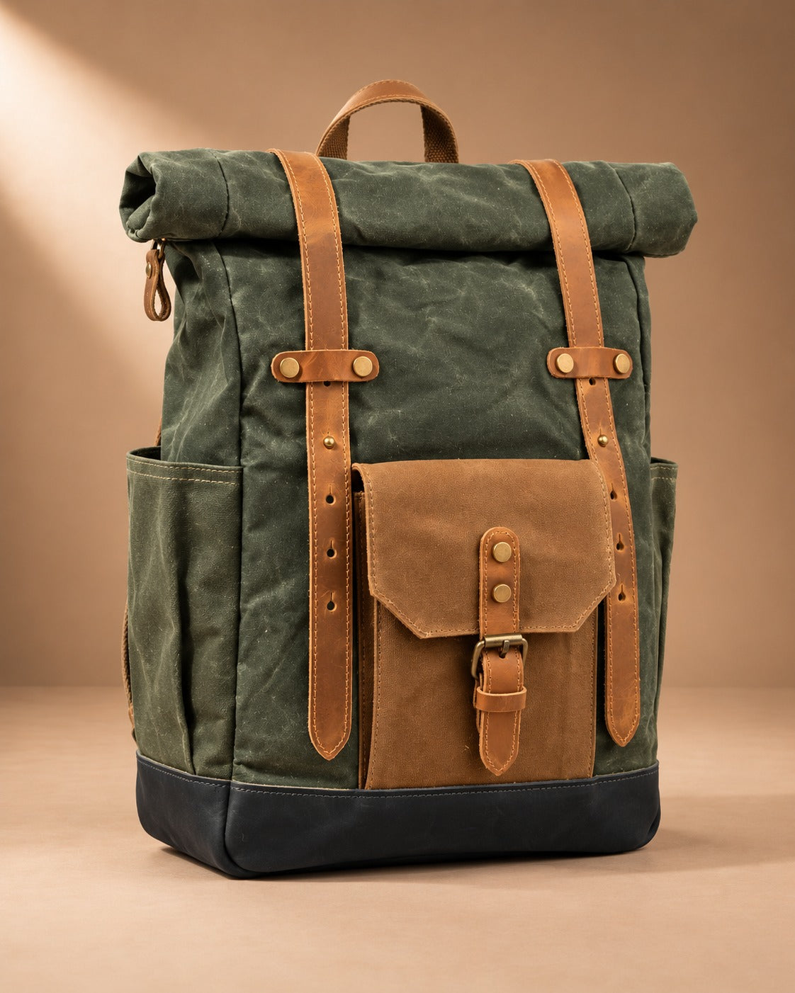 Glencoe Waxed Canvas Roll Top Backpack - Army Green