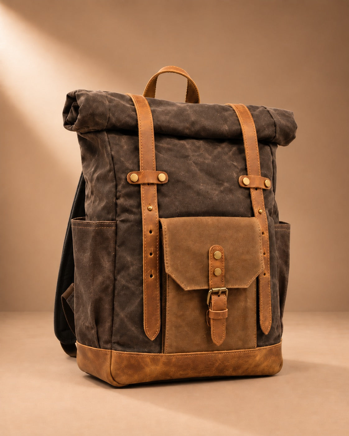 Glencoe Waxed Canvas Roll Top Backpack - Coffee