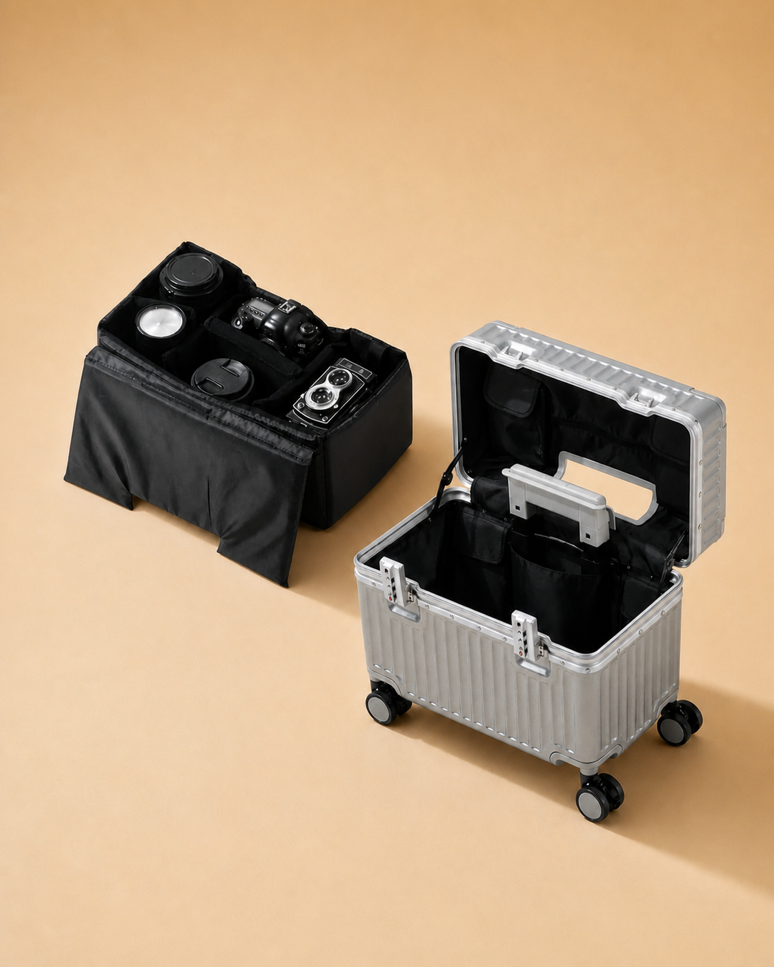 Croyde Front-Opening Cabin Suitcase Interior - Open silver front-opening cabin suitcase with organiser bag and structured interior compartments.