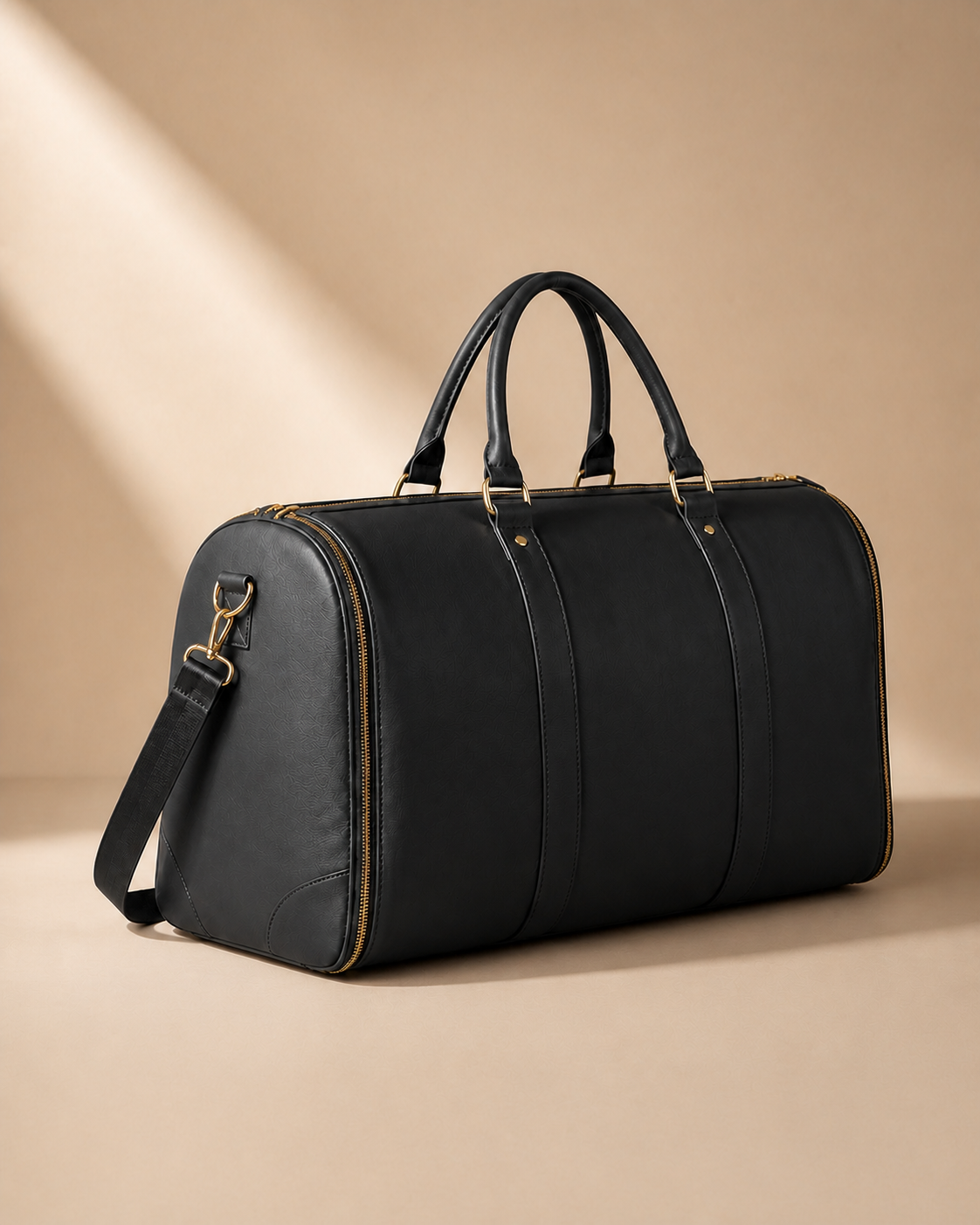 Black garment travel bag angled view with shoulder strap and gold hardware