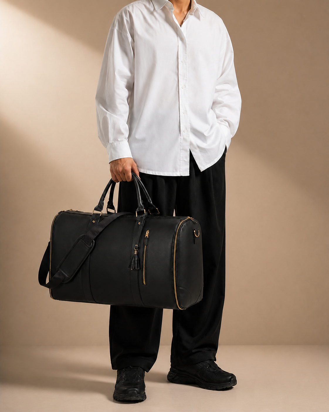 Black garment travel bag carried by model in a premium studio travel scene