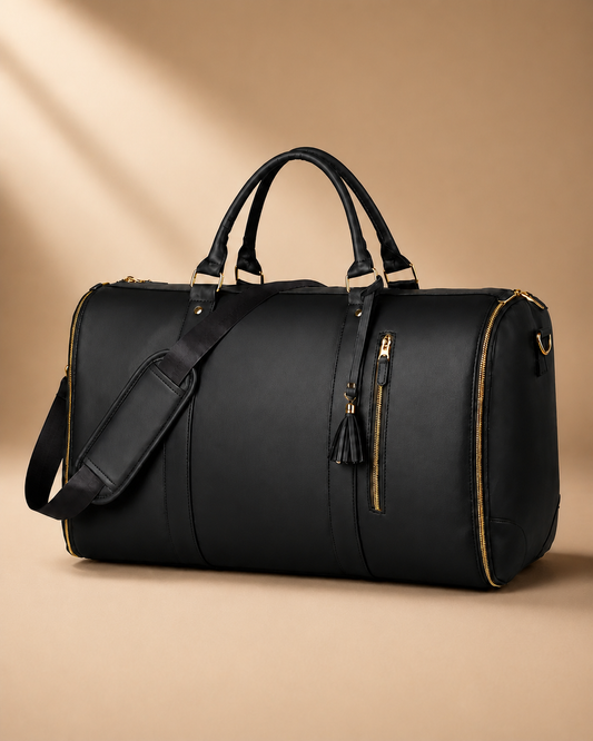 Black garment travel bag with shoulder strap on a warm studio background