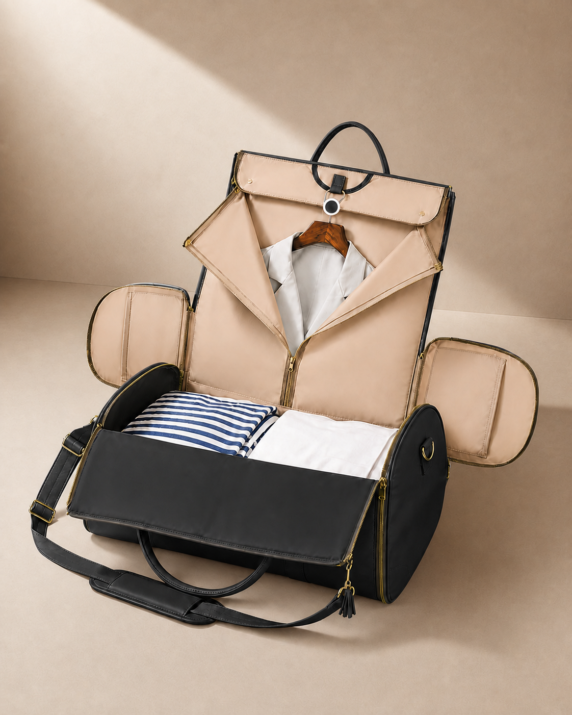 Open garment travel bag showing organised interior compartments