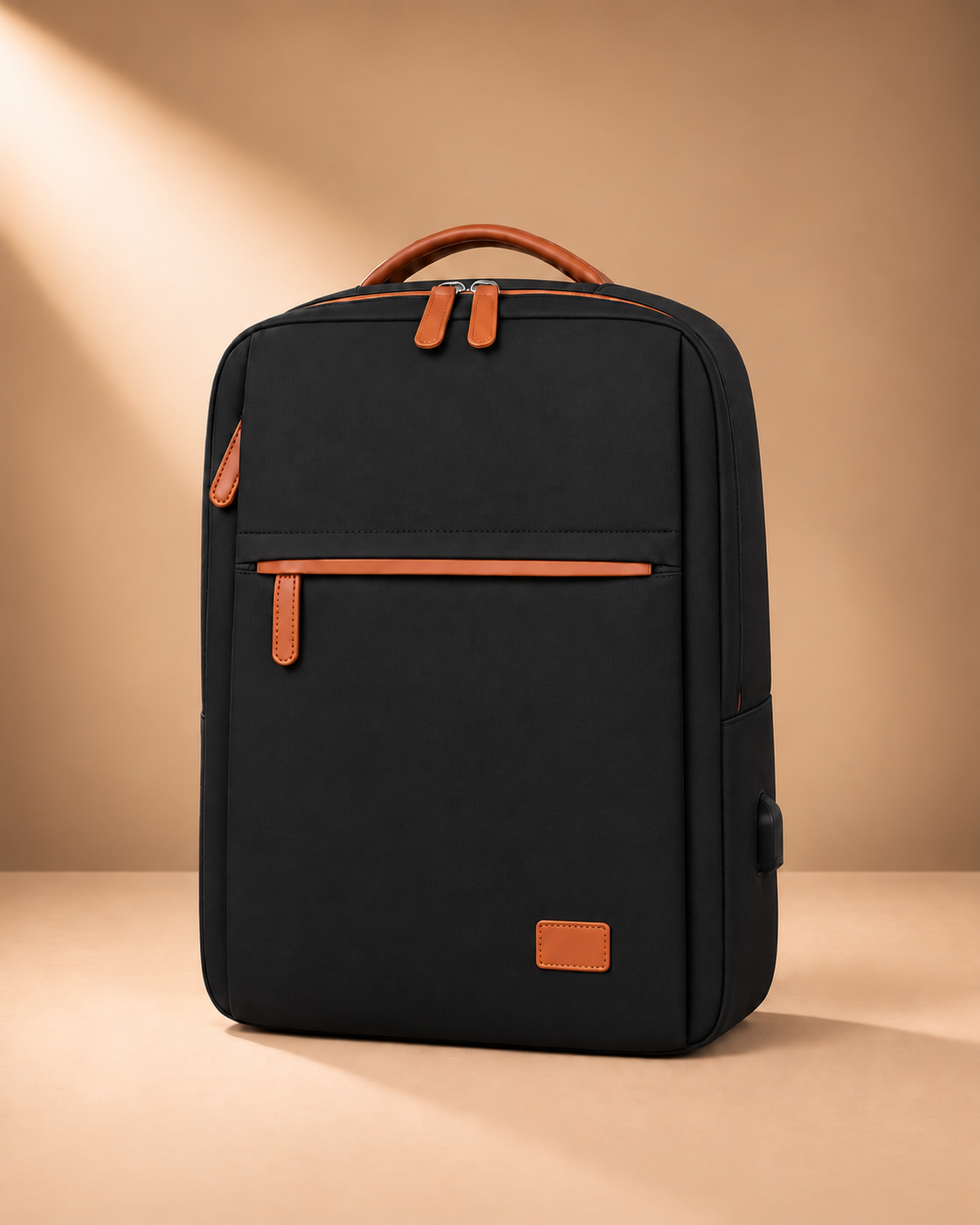 Black travel backpack with tan carry handle, front zipped pocket and side pocket, shown from the front at a slight angle.