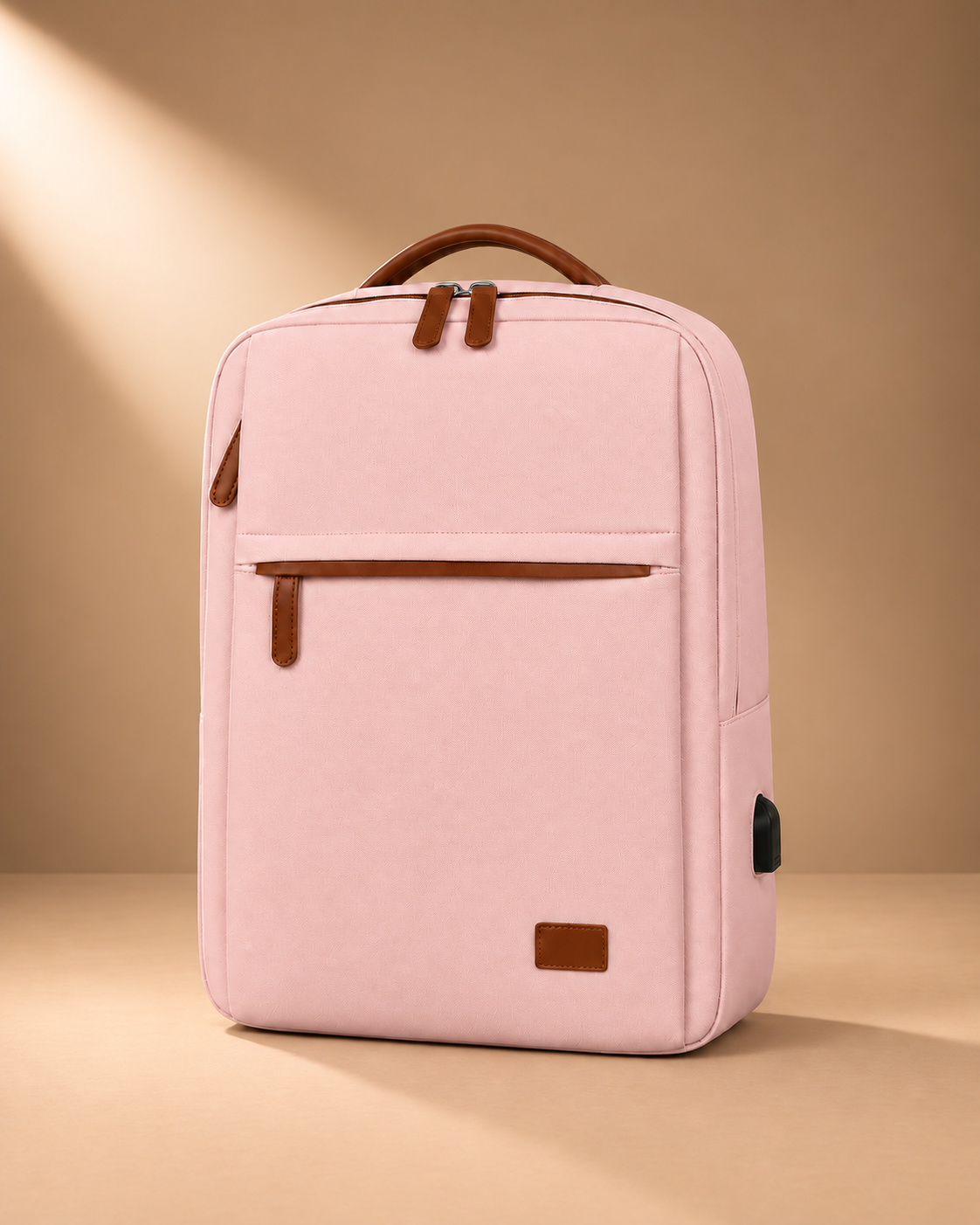 Light pink travel backpack with tan carry handle, front zipped pocket and side pocket, shown from the front at a slight angle.